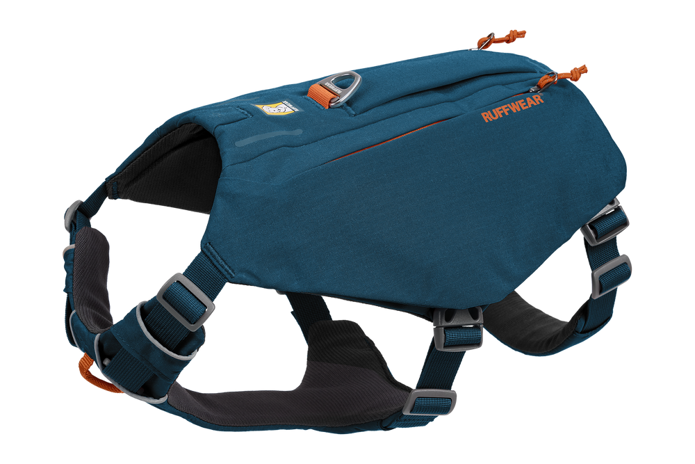 Blaues Ruffwear Switchbak™ Hundegeschirr mit verstellbaren Gurten für optimalen Tragekomfort und ergonomisches Design.