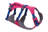 Pinkes Hundegeschirr mit verstellbaren blauen Riemen und grauer Polsterung für optimalen Komfort und Anpassung.