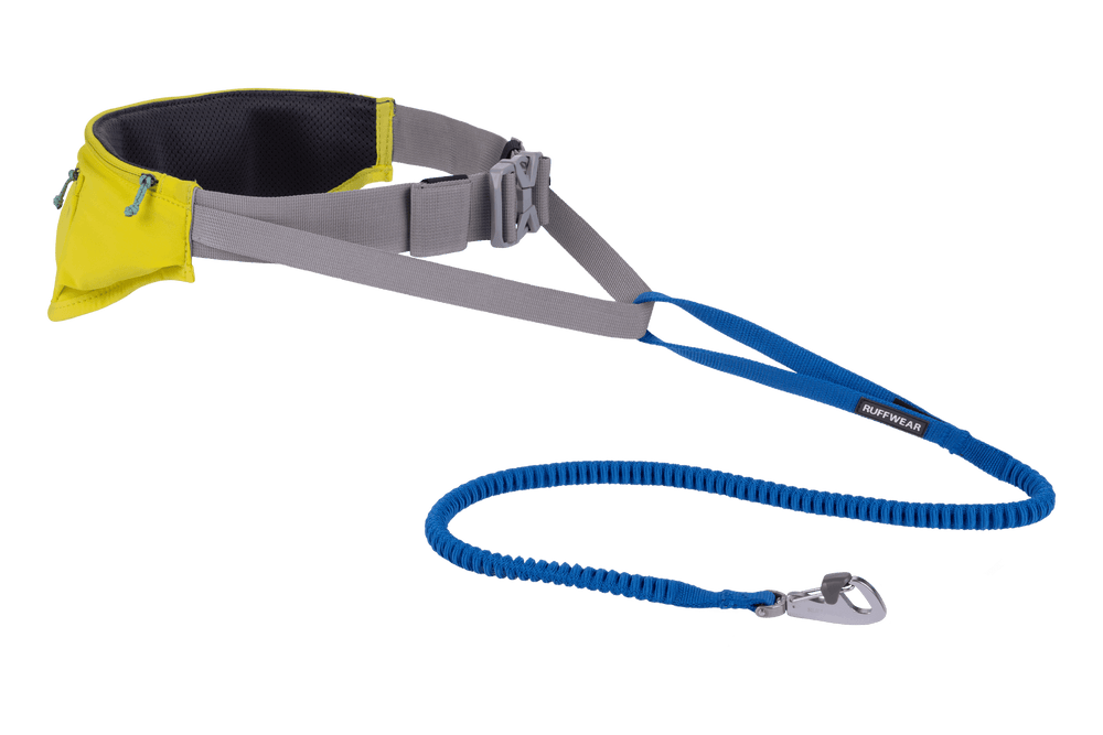 Trail Runner™ Laufgürtel mit gelber Bauchtasche, grauem Gurt und blauer, elastischer Leine für Hunde.