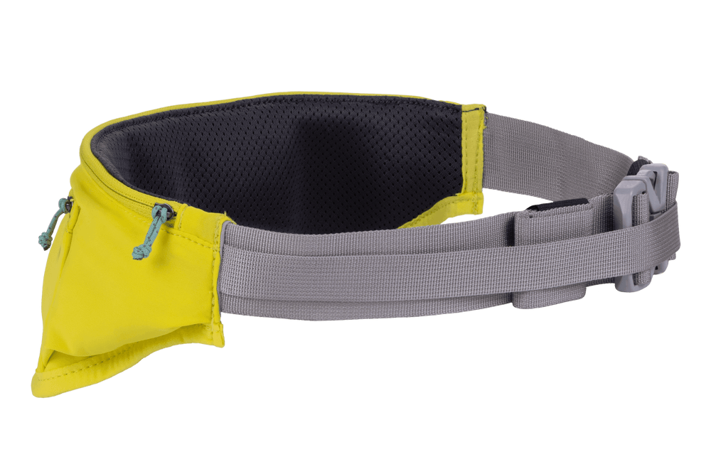 Gelber Trail Runner™ Laufgürtel mit grauem Gurt, ideal für Laufen und Wandern, mit Netzfutter und zwei Reißverschlüssen.