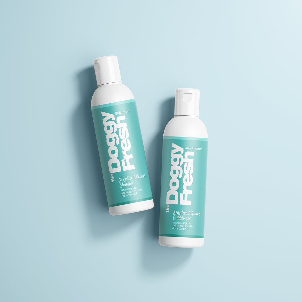 Zwei Flaschen von Hundepflegeprodukten "Doggy Fresh" auf hellblauem Hintergrund, ideal für die Hygiene Ihres Haustiers.