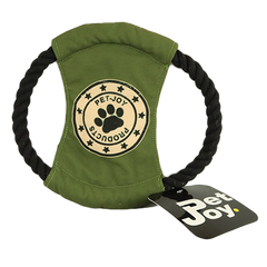 Hundespielzeug im Ring-Design mit grünem Stoff und schwarzem Seil, beschriftet mit "PET JOY PRODUCTS".