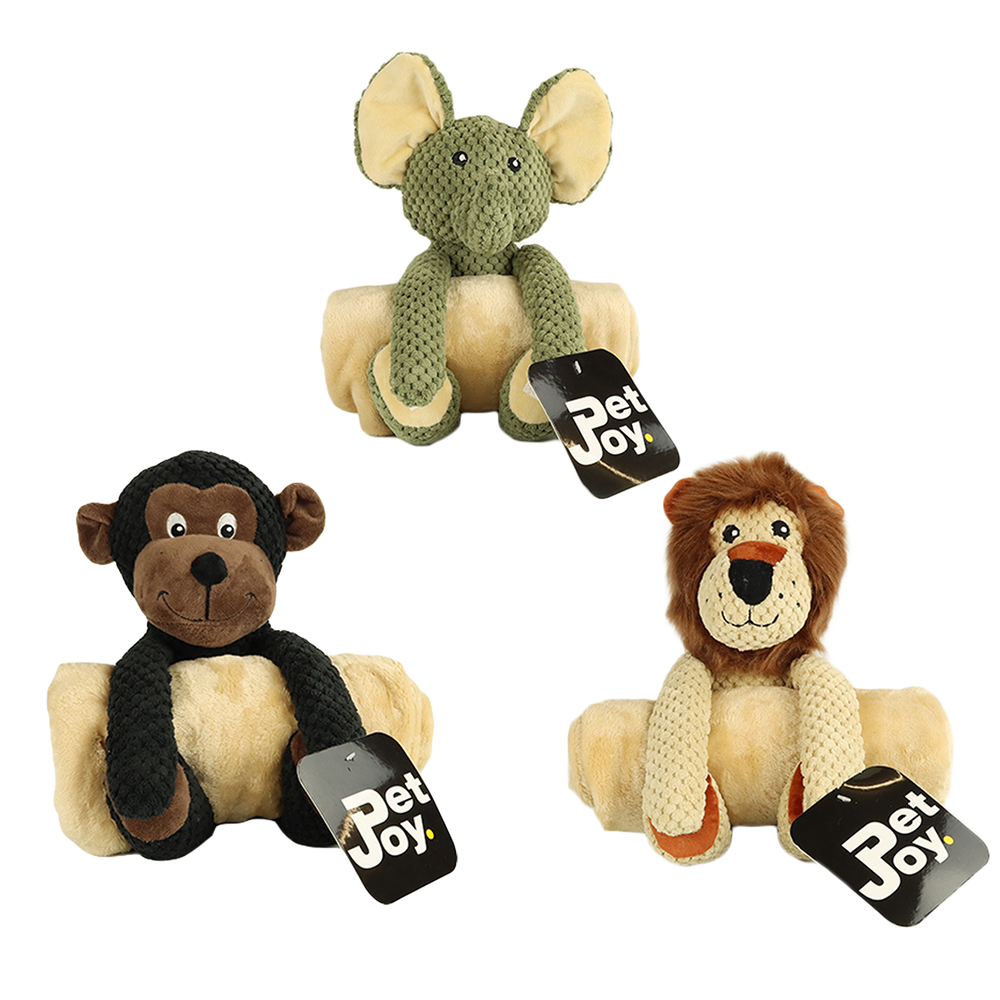Drei bunte Pet Joy Plüschtiere: ein grüner Elefant, ein brauner Affe und ein Löwe auf hellem Hintergrund.
