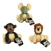 Drei bunte Pet Joy Plüschtiere: ein grüner Elefant, ein brauner Affe und ein Löwe auf hellem Hintergrund.