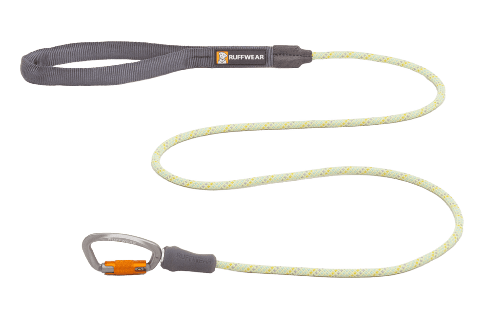 "Ruffwear Knot-a-Leash™ Hundeleine aus gelbem Seil mit weißen Punkten und grauer Nylon-Schlaufe."