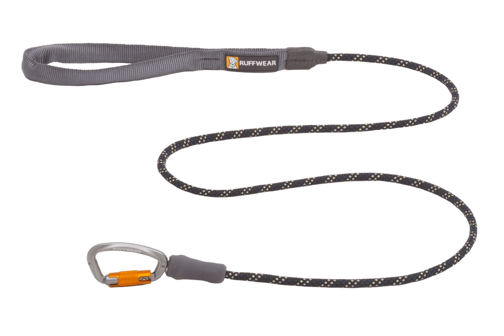 Robuste Knot-a-Leash™ Hundeleine von Ruffwear in Grau mit orangefarbenem Karabiner und gepolstertem Griff.