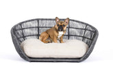 Elegantes PRADO Design-Hundebett SMOOTH: Französische Bulldogge auf grauem Korbsessel mit beigem Kissen.