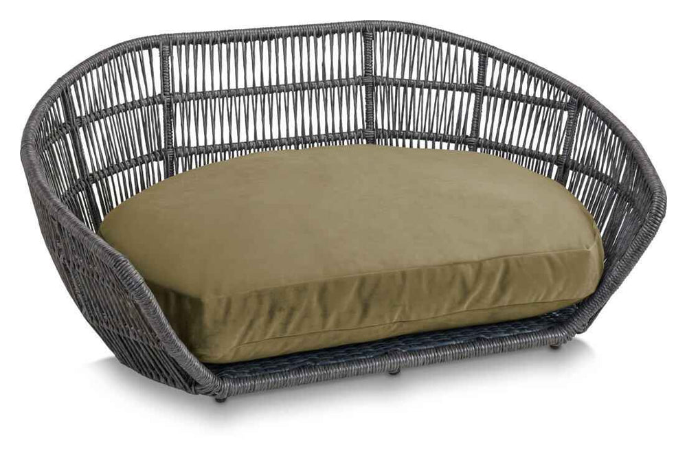 Ovales PRADO Design-Hundebett OXFORD aus geflochtenem grau mit olivgrünem Kissen für stilvolles Hundekomfort.