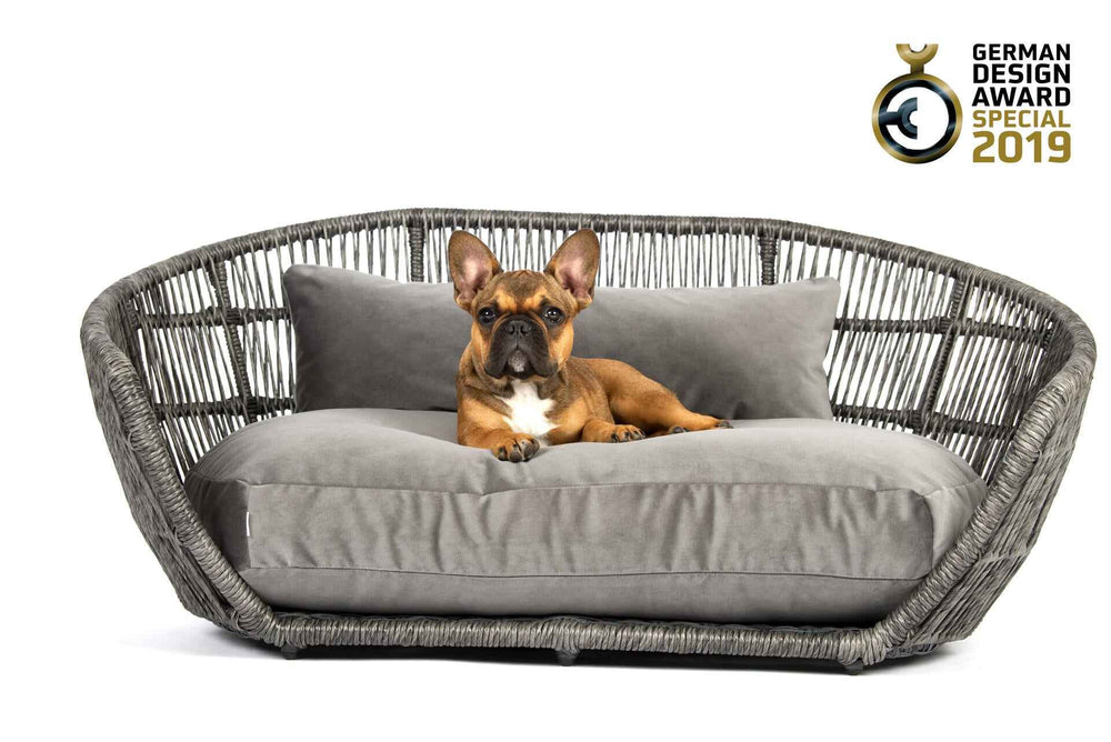 Stylisches PRADO Hundebett OXFORD mit grauer Liegefläche, ideal für Entspannung von Französischen Bulldoggen.