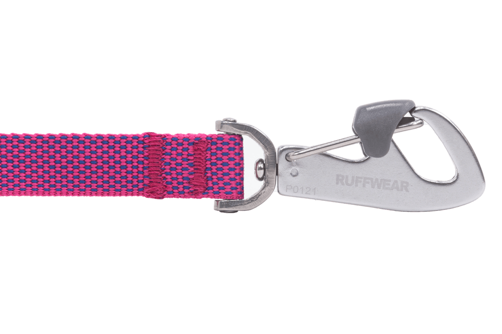 Leichte Hundeleine mit buntem Nylon-Gurtband in Pink und Lila sowie praktischem Metallclip zum schnellen Anbringen.