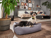 Zwei Hunde liegen entspannt auf dem grauen ORTHO Hundebett VITO in einem modernen Wohnzimmer.