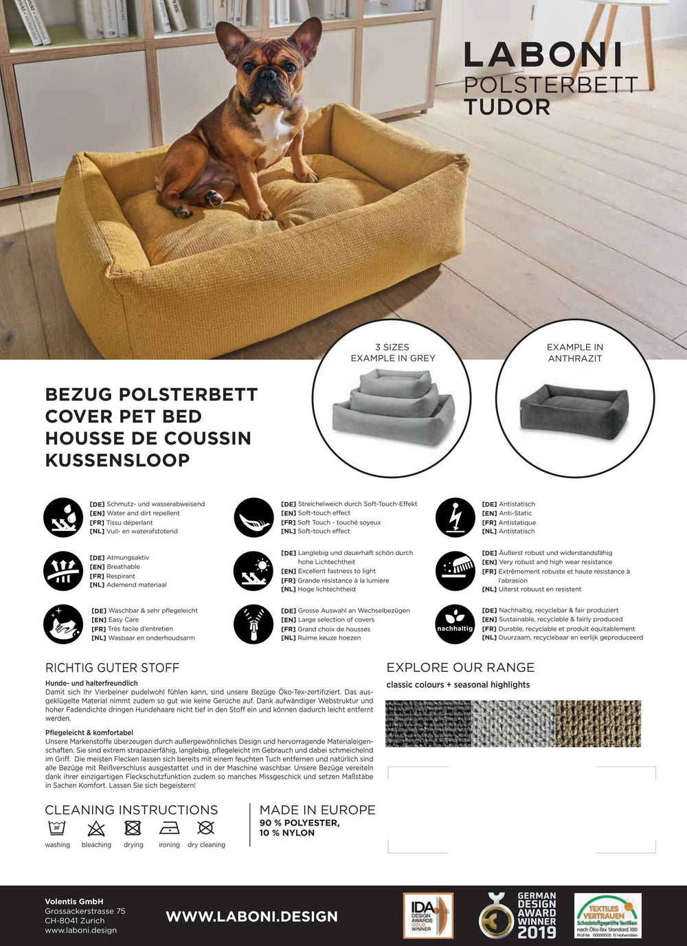 CLASSIC Hundebett TUDOR von Laboni in gelb mit hoher Seitenkante, ideal für Französische Bulldoggen und andere Rassen.