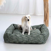 "Schlanker Hund auf grünem, gemustertem CLASSIC Hundebett SIENA, weich gepolstert für maximalen Komfort."