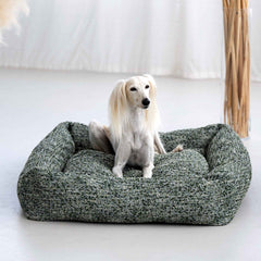 "Schlanker Hund auf grünem, gemustertem CLASSIC Hundebett SIENA, weich gepolstert für maximalen Komfort."