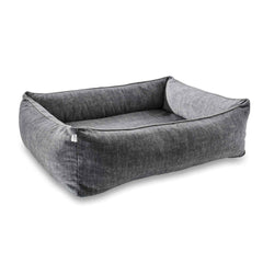 Rechteckiges graues ORTHO Hundebett GLAM mit hohen, gepolsterten Rändern und modernem, schlichtem Design.