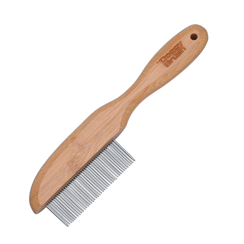Ergonomischer DoggyBrush Friseurkamm aus Bambus mit feinen metallischen Zinken, hellbraun und natürliches Design.