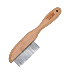 Ergonomischer DoggyBrush Friseurkamm aus Bambus mit feinen metallischen Zinken, hellbraun und natürliches Design.