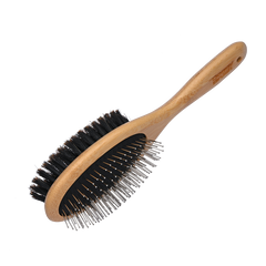 "DoggyBrush 2-IN-1: Ergonomische Haarbürste mit Holzgriff, Nylonborsten und Metallpins für effektives Fellpflege."