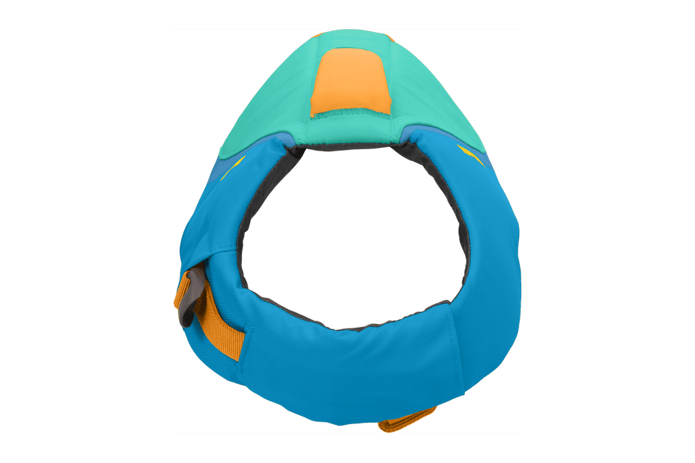 Bunte Float Coat™ Schwimmweste für Hunde in Blau, Orange und Türkis, sicher und komfortabel fürs Wasser.