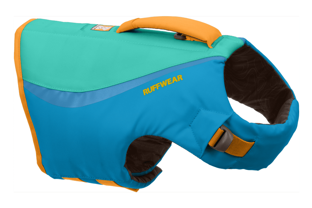 Leuchtende Float Coat™ Schwimmweste für Hunde in Türkis und Blau mit orangefarbenen Akzenten und praktischem Griff.