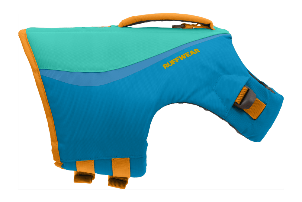 Schwimmweste für Hunde in Blau und Türkis mit orangefarbenen Akzenten und gepolstertem Griff für Sicherheit und Komfort.