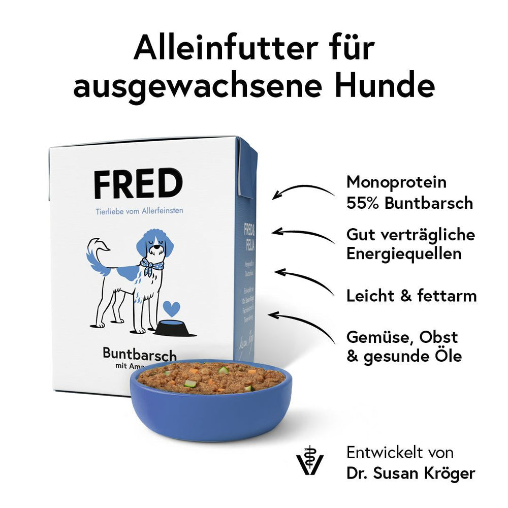 Verpackung von FRED Hundetrockenfutter mit Buntbarsch und Amaranth in blauer Schüssel auf weißem Hintergrund.