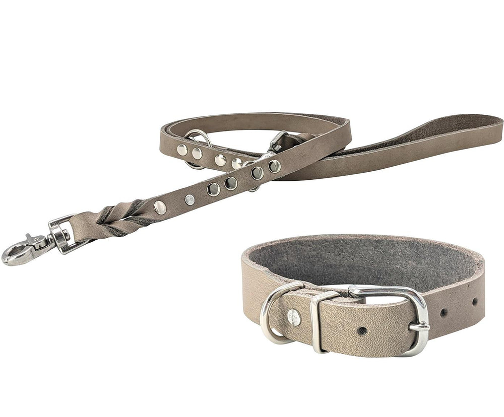 Klassisches Hundehalsband und geflochtene Leine in Grau mit Karabiner und Nieten für stilvolle Spaziergänge.