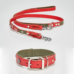 Edelweiss Hundehalsband und Leine in Rot und Olivgrün, mit geflochtenem Detail und robusten Metallbeschlägen.