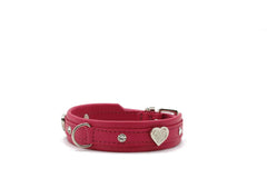 Pinkes Lederhundehalsband Mini Diverso mit Strasssteinen und silberfarbenem Herzanhänger, Metall-Schnalle und D-Ring.