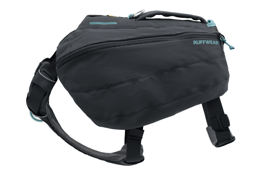 Schwarze Hüfttasche von Ruffwear mit gepolstertem Tragegriff und verstellbarem Gurtband für optimalen Komfort.