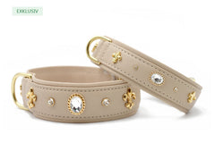 Stylische hellbeige Hundehalsbänder mit goldenen Verzierungen und glitzernden Steinen, breites Design für Hunde.