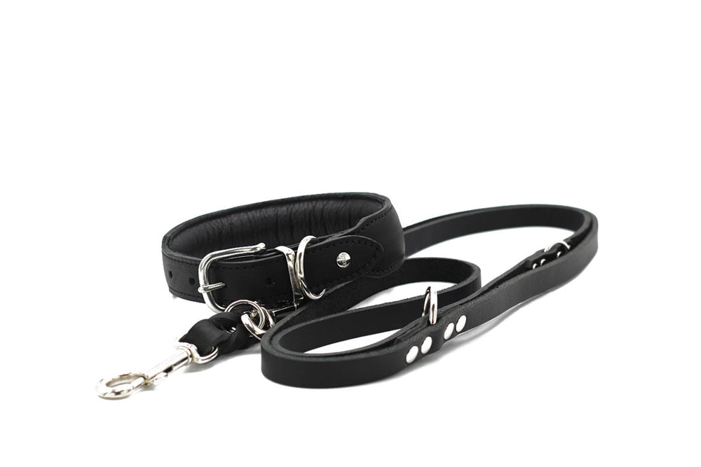 Schwarze Hundeleine aus Leder mit gepolstertem Griff, Metallschnalle und verstellbaren Druckknöpfen für optimale Länge.