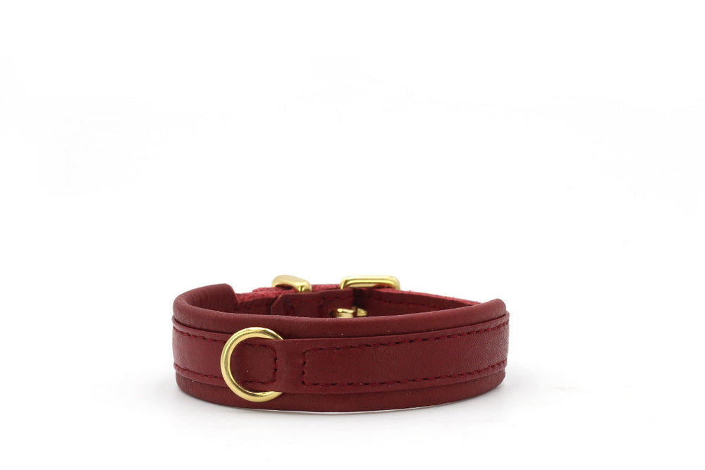 Rotes Lederarmband mit goldenen Beschlägen und Druckverschluss, stilvolles und praktisches Accessoire für jeden Anlass.