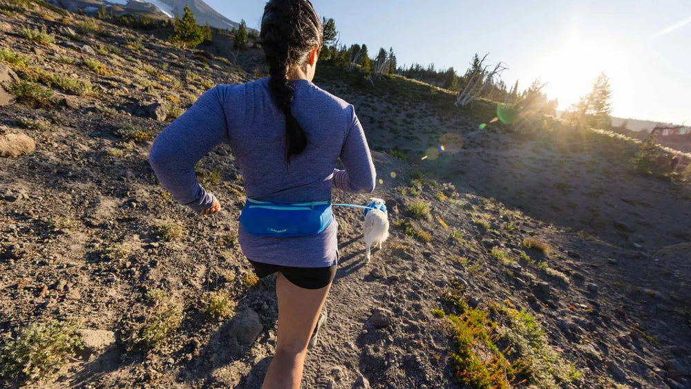 Person joggt mit Hund auf unebenem Weg, trägt Trail Runner™ Laufgürtel, Sonne geht im Hintergrund auf.
