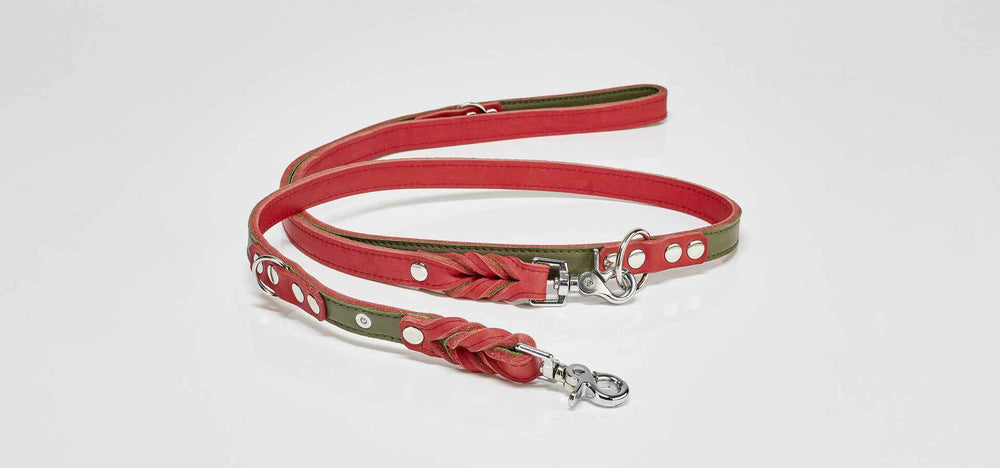 EDELWEISS Hundeleine aus Fettleder mit handgeflochtenen Details, roten und grünen Farbtönen, inklusive Karabinerhaken.