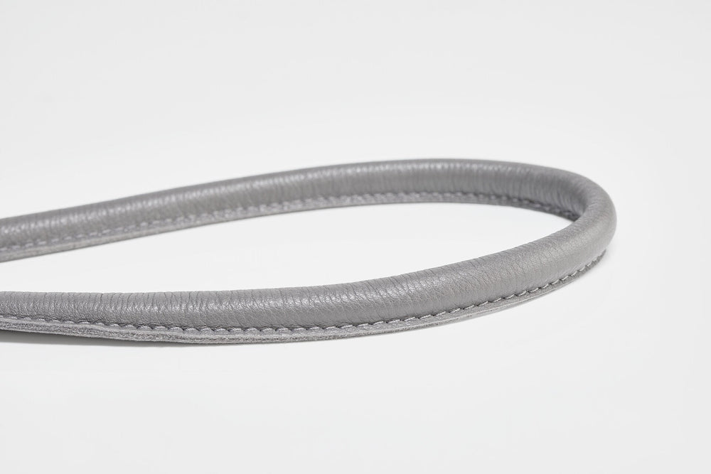 Stylisches graues Lederhalsband mit hochwertigem Riemen – ideale Kombination für modische Hundebesitzer.