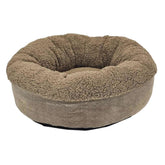 Komfortables rundes Hundebett "TEDDY" in hellbraunem Plüsch und schwarzem Unterteil, ideal für entspannte Haustiere.