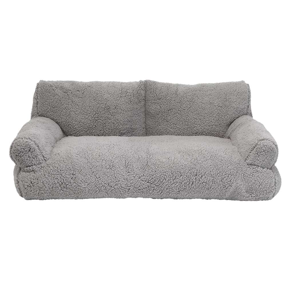 Komfortables graues Plüschsofa "TEDDY" mit breiten Armlehnen und weicher, gepolsterter Sitzfläche.