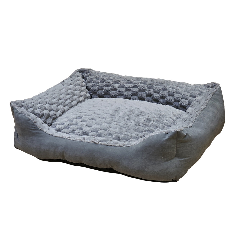 Graues Komfortbett "Diamond" für Hunde mit weichem Innenmaterial und erhöhten Seiten im Schachbrettdesign.