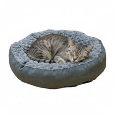 Komfortbett Donut "Diamond": rundes Katzenbett mit grauem Rand und flauschigem Innenbereich, schlafende Katze darin.