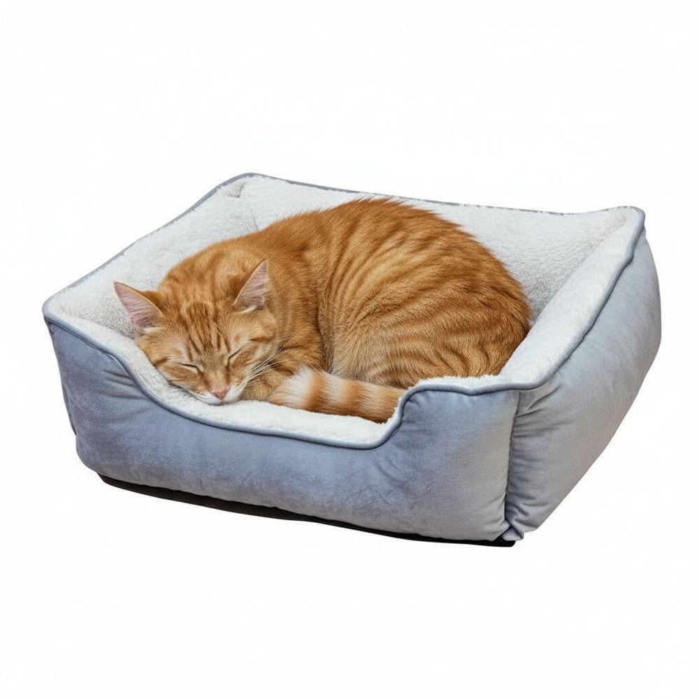 "Orange getigerte Katze schläft in einem bequemen, rechteckigen Katzenbett mit grauer Außenfläche und plüschigem Innenfutter."