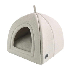 Modernes, dreidimensionales Katzenhaus "VALEA" in Beigefarbe mit gewölbter Form und gepolsterter Innenseite.
