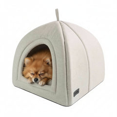 Hundehäuschen "VALEA" in modernem Hauben-Design, hellbeige, mit Öffnung für kleinen Hund.