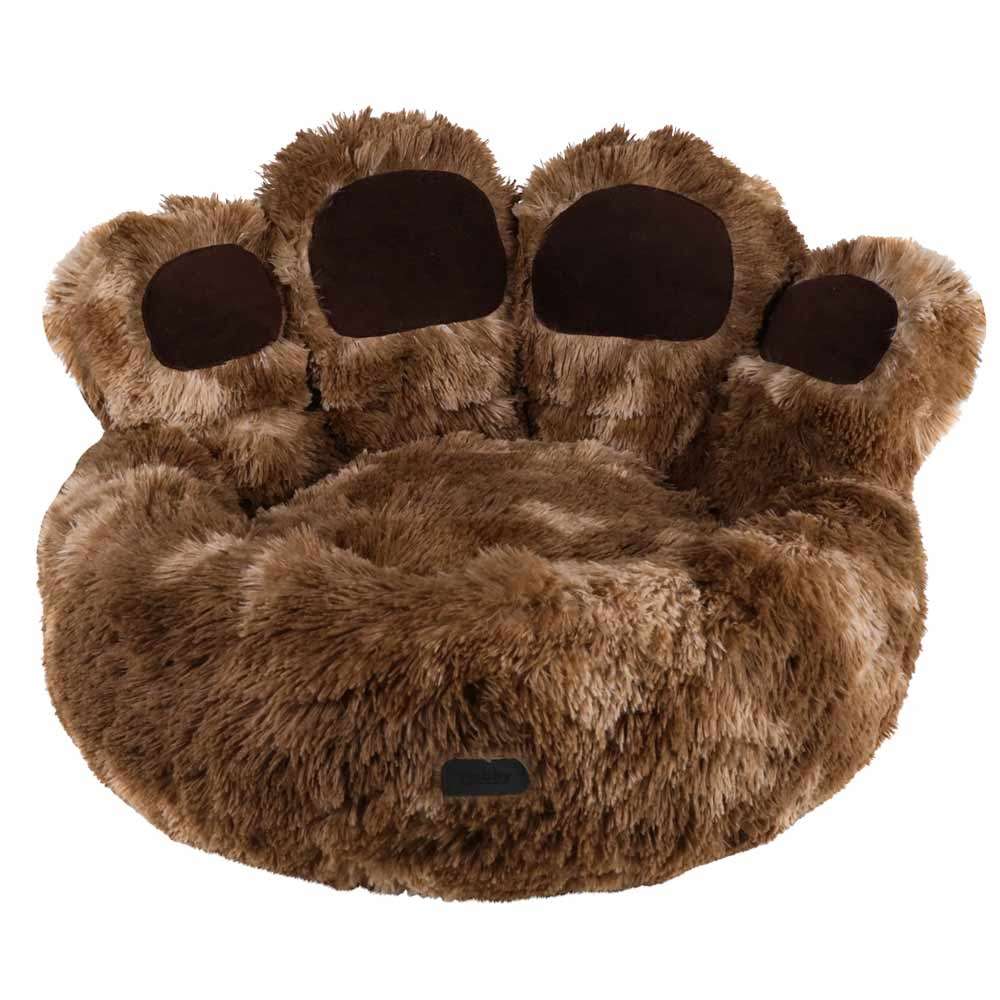 Gemütliches Komfortbett "Paw" in Pfotenform aus braunem, fusselfreiem Material für Hunde.