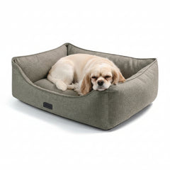 "Komfortbett eckig 'ANDA' in Grau mit einem entspannten Hund, ideal für modernen Wohnstil."