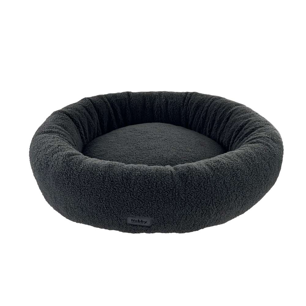 Rundes Hundebett "JELLA" in Dunkelgrau mit hohen, gepolsterten Rändern und flauschiger Oberfläche für optimalen Komfort.