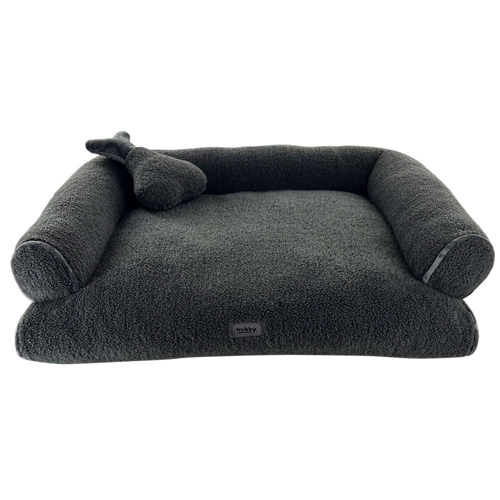Komfortsofa "JELLA" für Hunde in dunkelgrau mit hohen Seitenrändern und plüschiger Oberfläche, inklusive Kissen.