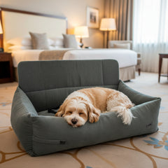 Hund entspannt im grauen Reisebett LEVIO in stilvollem Hotelzimmer mit erhöhtem Kopfteil.