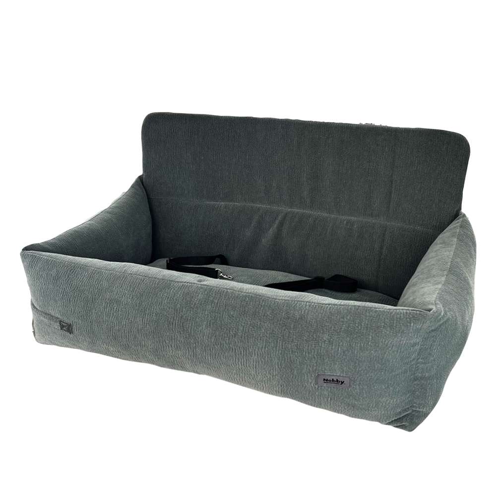 Graues Reisebett XL "LEVIO" für Haustiere mit hoher Rückenlehne und Sicherheitsgurten für optimale Sicherheit und Komfort.