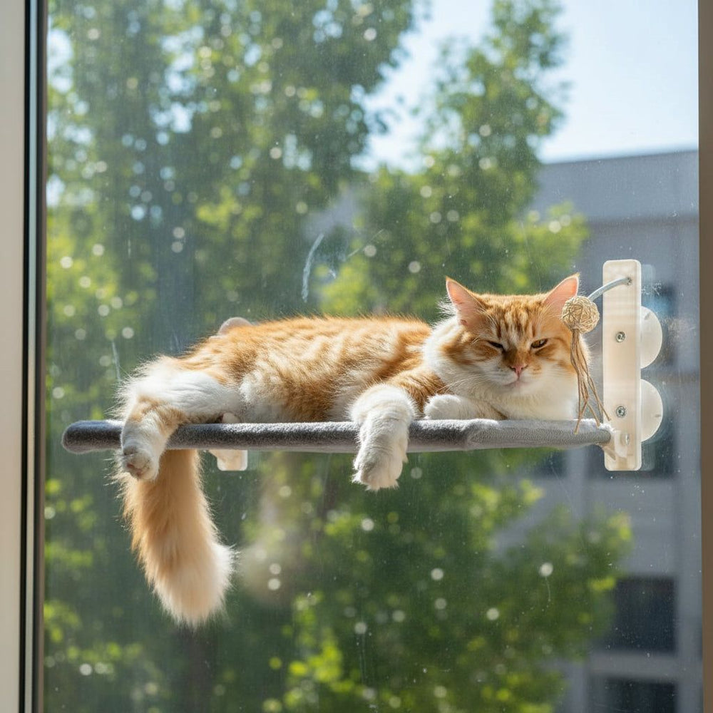 Katze entspannt auf Fensterbank mit grauem Liegepolster, im Hintergrund grüne Bäume. Ideal für Katzenliebhaber!